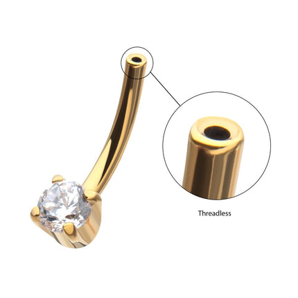 Invictus 24Kt Gold PVD Titanium Threadless Prong Set CZ Fixed Bottom Curved Barbell