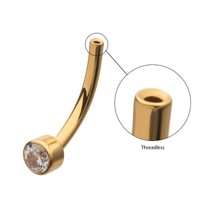 Invictus 24Kt Gold PVD Threadless Bezel Set CZ Fixed Disc Bottom Curved Barbell