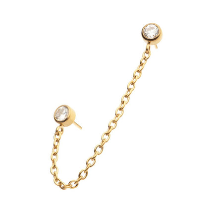 Invictus 24Kt Gold PVD Titanium Threadless Duo Bezel Round CZ with Rolo Chain Dangle Tops