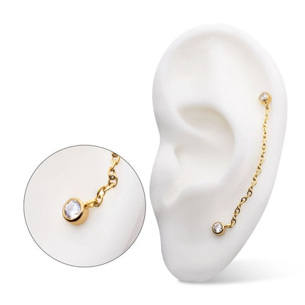 Invictus 24Kt Gold PVD Titanium Threadless Duo Bezel Round CZ with Rolo Chain Dangle Tops