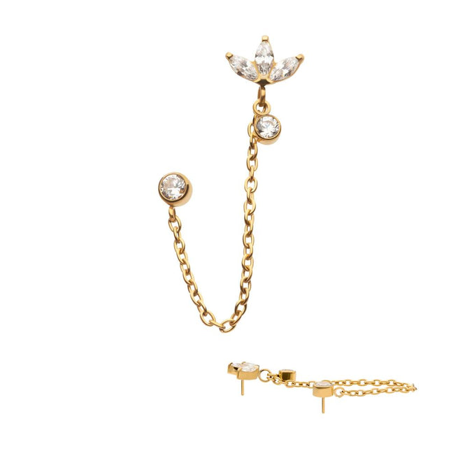 Invictus 24Kt Gold PVD Titanium Threadless Marquise Trinity & Duo Bezel Round Gem Top with Dangle Rolo Chain