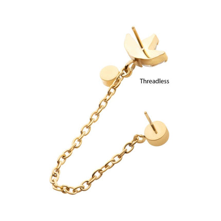 Invictus 24Kt Gold PVD Titanium Threadless Marquise Trinity & Duo Bezel Round Gem Top with Dangle Rolo Chain