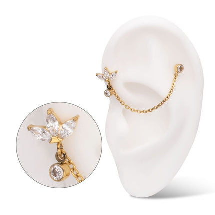 Invictus 24Kt Gold PVD Titanium Threadless Marquise Trinity & Duo Bezel Round Gem Top with Dangle Rolo Chain