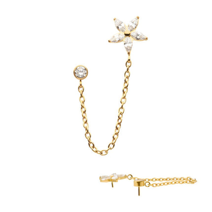 Invictus 24Kt Gold PVD Titanium Threadless Marquise Flower Shape & Bezel Round Gem Top with Dangle Rolo Chain