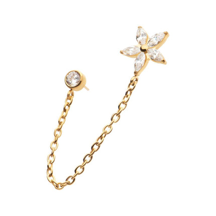 Invictus 24Kt Gold PVD Titanium Threadless Marquise Flower Shape & Bezel Round Gem Top with Dangle Rolo Chain
