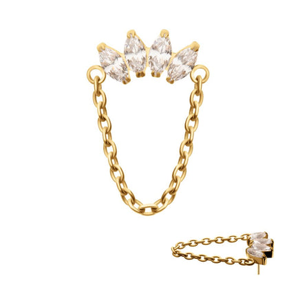 Invictus 24Kt Gold PVD Titanium Threadless 4 Marquise Prong Gem Cluster Top with Chain Dangle