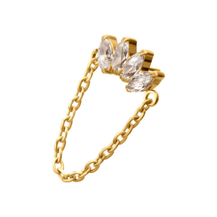Invictus 24Kt Gold PVD Titanium Threadless 4 Marquise Prong Gem Cluster Top with Chain Dangle
