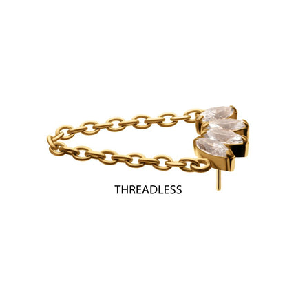 Invictus 24Kt Gold PVD Titanium Threadless 4 Marquise Prong Gem Cluster Top with Chain Dangle