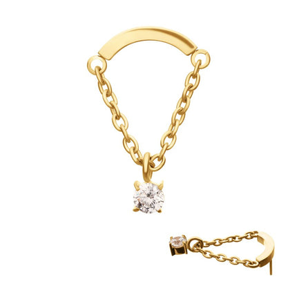 Invictus 24Kt Gold PVD Titanium Threadless Curved Bar Top with Prong Set Gem Chain Dangle