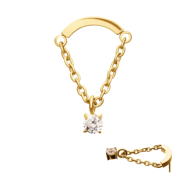 Invictus 24Kt Gold PVD Titanium Threadless Curved Bar Top with Prong Set Gem Chain Dangle