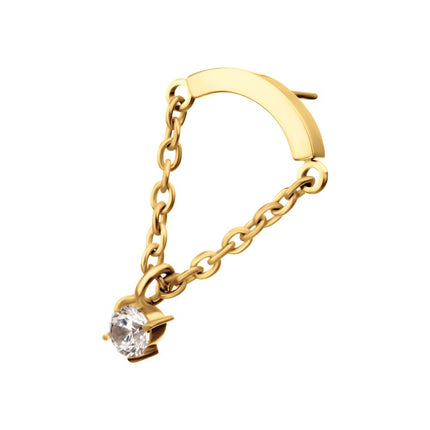 Invictus 24Kt Gold PVD Titanium Threadless Curved Bar Top with Prong Set Gem Chain Dangle