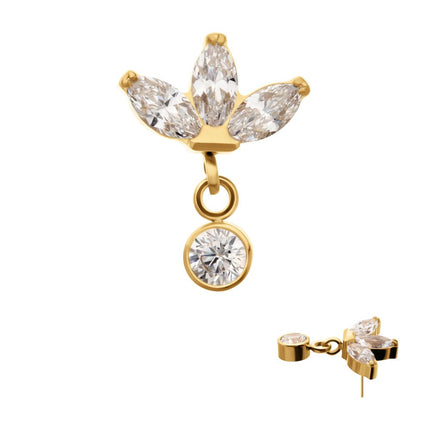 Invictus 24KT Gold PVD Titanium Threadless 3 Marquise Fan Top with Bezel Gem Dangle