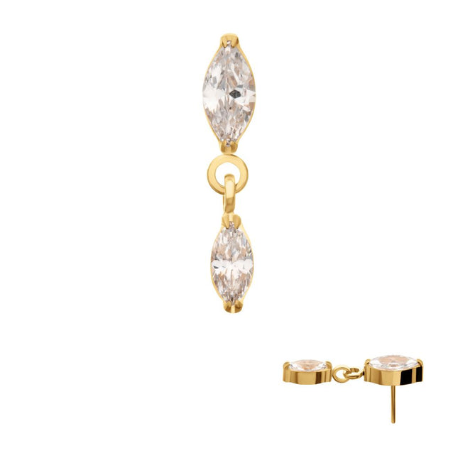 Invictus 24KT Gold PVD Titanium Threadless Prong Set Double Marquise Gem Dangle Top