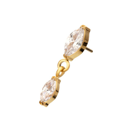 Invictus 24KT Gold PVD Titanium Threadless Prong Set Double Marquise Gem Dangle Top