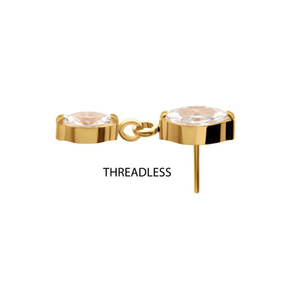 Invictus 24KT Gold PVD Titanium Threadless Prong Set Double Marquise Gem Dangle Top
