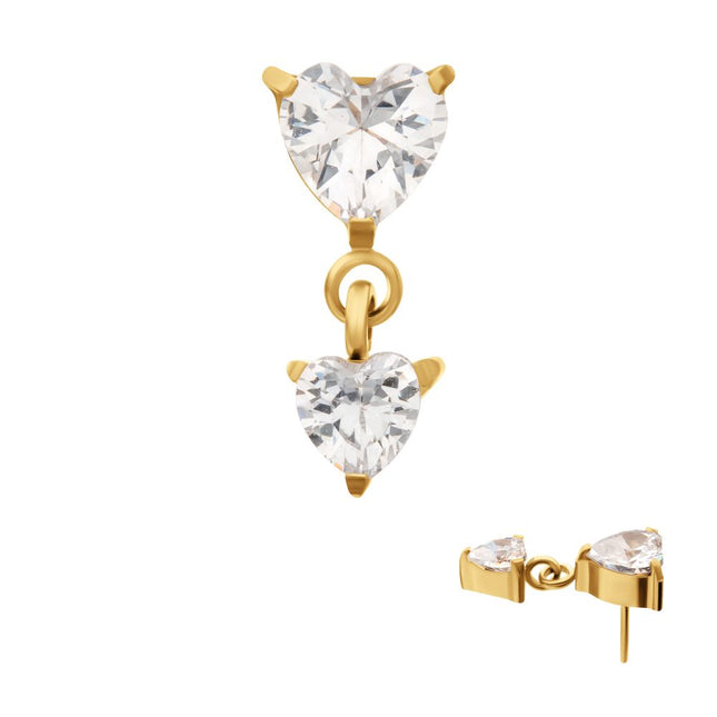 Invictus 24KT Gold PVD Titanium Threadless Prong Set Double Heart Gem Dangle Top
