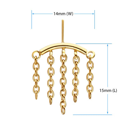 Invictus 24Kt Gold PVD Titanium Threadless Vertical Helix Curved Bar Top with 5-Chain Dangle