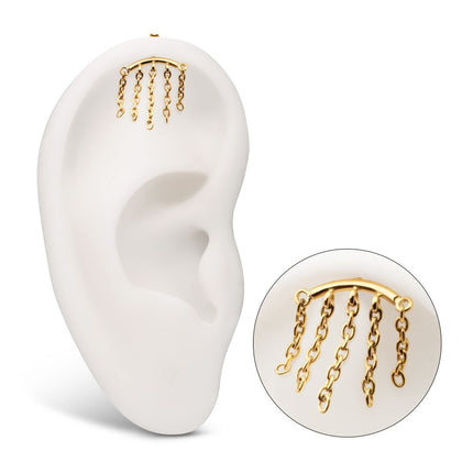 Invictus 24Kt Gold PVD Titanium Threadless Vertical Helix Curved Bar Top with 5-Chain Dangle