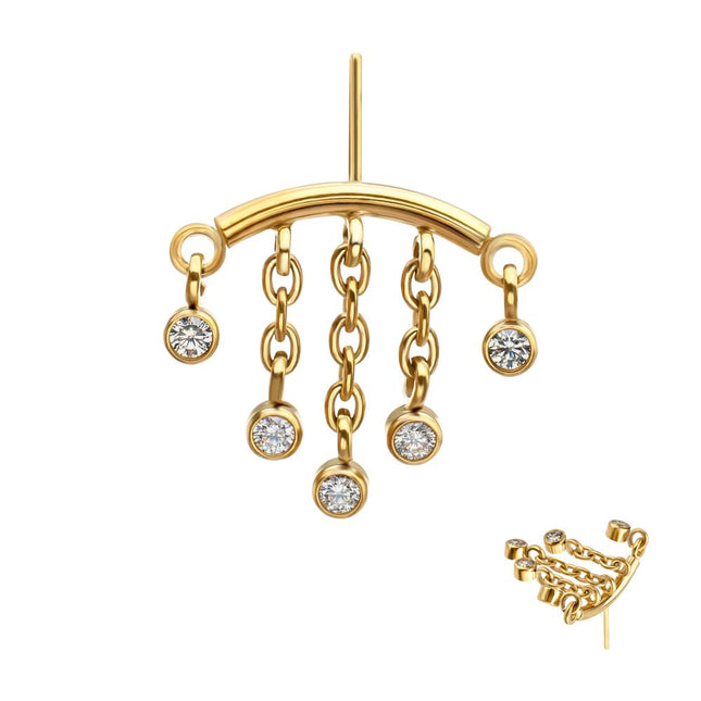 Invictus 24Kt Gold PVD Titanium Threadless Vertical Helix Curved Bar Top with 5-Chain Bezel Gem Dangle