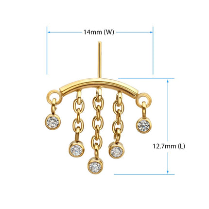 Invictus 24Kt Gold PVD Titanium Threadless Vertical Helix Curved Bar Top with 5-Chain Bezel Gem Dangle