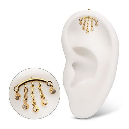 Invictus 24Kt Gold PVD Titanium Threadless Vertical Helix Curved Bar Top with 5-Chain Bezel Gem Dangle