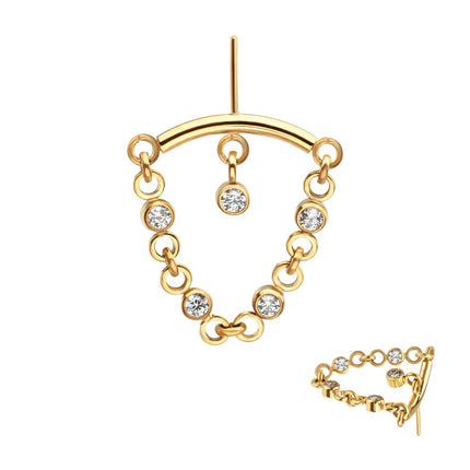 Invictus 24Kt Gold PVD Titanium Threadless Vertical Helix Curved Bar Top with CZ Chain Dangle & Floating Gem