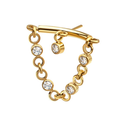 Invictus 24Kt Gold PVD Titanium Threadless Vertical Helix Curved Bar Top with CZ Chain Dangle & Floating Gem