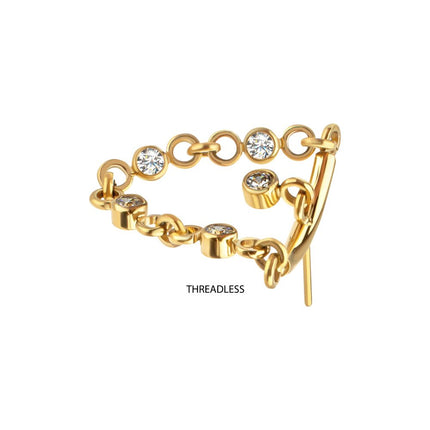 Invictus 24Kt Gold PVD Titanium Threadless Vertical Helix Curved Bar Top with CZ Chain Dangle & Floating Gem