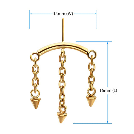Invictus 24Kt Gold PVD Titanium Threadless Vertical Helix Curved Bar Top with 3 Spiked Chain Dangle