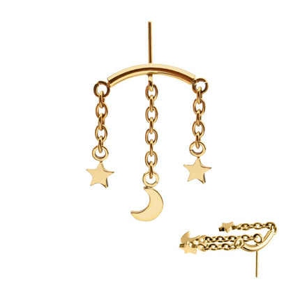 Invictus 24Kt Gold PVD Titanium Threadless Vertical Helix Curved Bar Top with Crescent Moon and Star 3-Chain Dangle