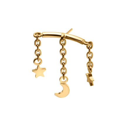 Invictus 24Kt Gold PVD Titanium Threadless Vertical Helix Curved Bar Top with Crescent Moon and Star 3-Chain Dangle