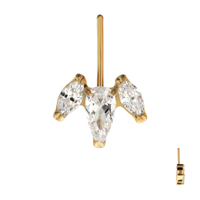 Invictus 24Kt Gold PVD Titanium Threadless Vertical Helix V-Prong Pear Trio Blossom Cluster Top
