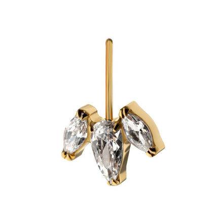 Invictus 24Kt Gold PVD Titanium Threadless Vertical Helix V-Prong Pear Trio Blossom Cluster Top