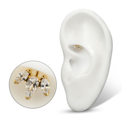 Invictus 24Kt Gold PVD Titanium Threadless Vertical Helix V-Prong Pear Trio Blossom Cluster Top