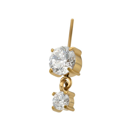 Invictus 24Kt Gold PVD Titanium Threadless Vertical Helix Double 4-Prong CZ Gem Dangle Top