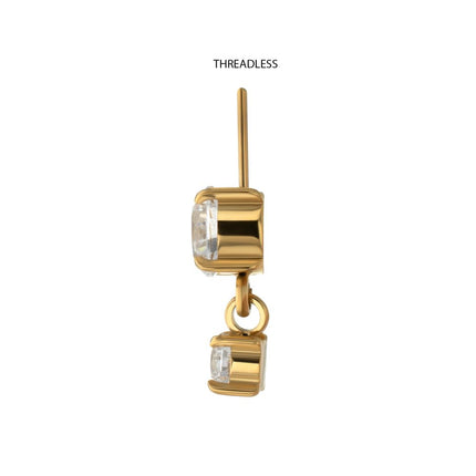 Invictus 24Kt Gold PVD Titanium Threadless Vertical Helix Double 4-Prong CZ Gem Dangle Top