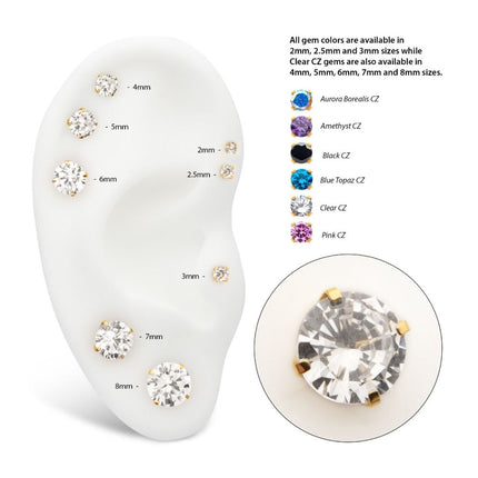 Invictus 24KT Gold PVD Titanium Threadless with 4-Prong Set CZ Front Facing Top 2.3mm