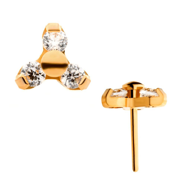 Invictus 24Kt Gold PVD Titanium Threadless Pronged Round CZ Trinity Top