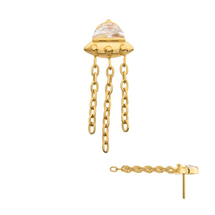 Invictus 24KT Gold PVD Titanium Threadless 3D UFO Gem Top with Small Triple Chain Dangle