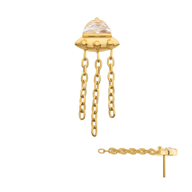 Invictus 24KT Gold PVD Titanium Threadless 3D UFO Gem Top with Small Triple Chain Dangle