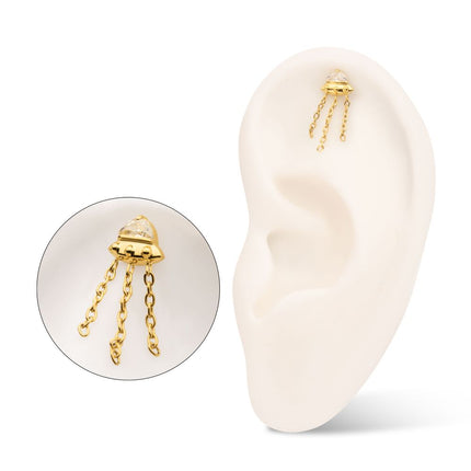 Invictus 24KT Gold PVD Titanium Threadless 3D UFO Gem Top with Small Triple Chain Dangle