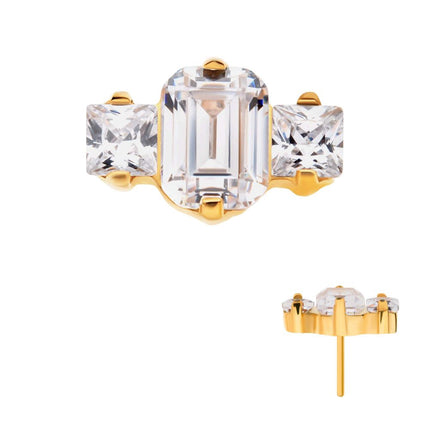 Invictus 24Kt Gold PVD Titanium Threadless Prong Set Emerald Cut & Princess Gem 3-Cluster Top