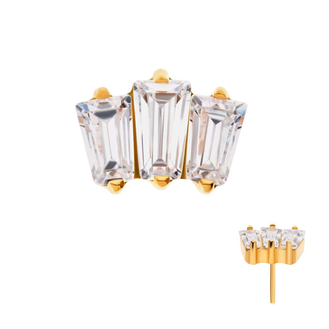 Invictus 24Kt Gold PVD Titanium Threadless Prong Set Baguette CZ 3-Cluster Top