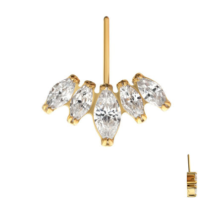 Invictus 24Kt Gold PVD Titanium Threadless Vertical Helix V-Prong Marquise Fan 5-Cluster Top