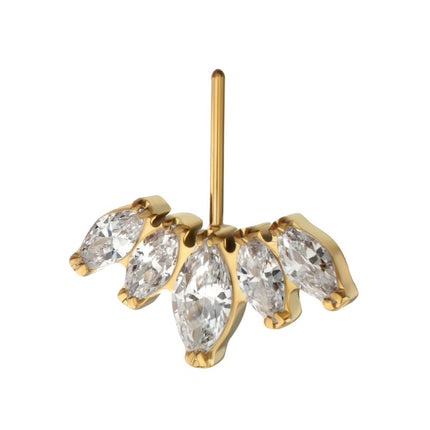 Invictus 24Kt Gold PVD Titanium Threadless Vertical Helix V-Prong Marquise Fan 5-Cluster Top