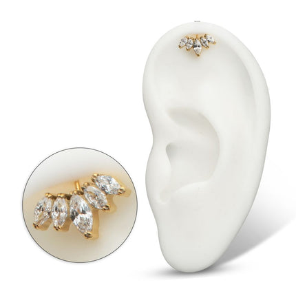 Invictus 24Kt Gold PVD Titanium Threadless Vertical Helix V-Prong Marquise Fan 5-Cluster Top