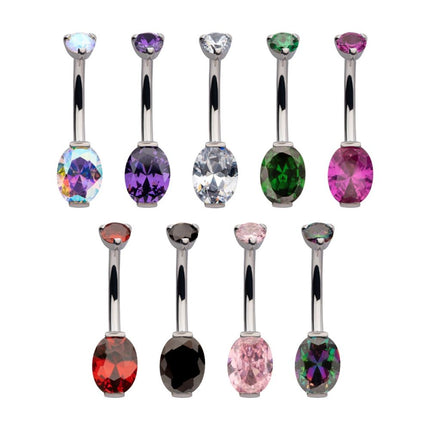 Invictus Titanium Internally Threaded Double Gem with Prong Set Oval Fixed Bottom Navel