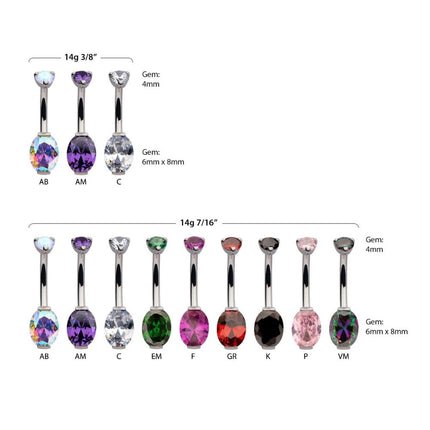 Invictus Titanium Internally Threaded Double Gem with Prong Set Oval Fixed Bottom Navel