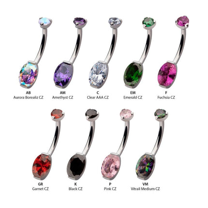 Invictus Titanium Internally Threaded Double Gem with Prong Set Oval Fixed Bottom Navel