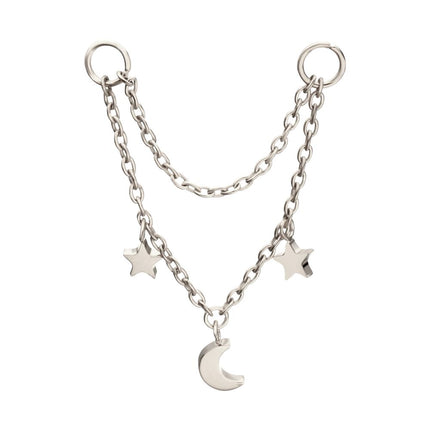 Invictus Platinum PVD Titanium Double Star & Crescent Moon 2-Tier Rolo Chain Dangle